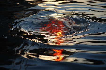 湖畔日出时红色物体漂浮图片