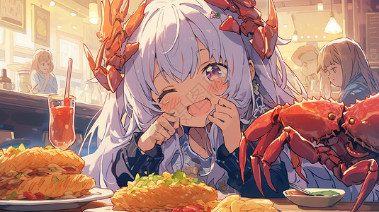 吃螃蟹的少女图片