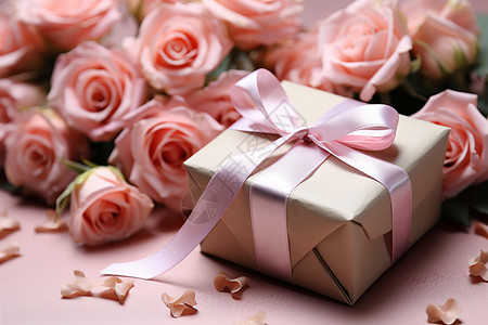 粉色丝带礼盒与玫瑰图片