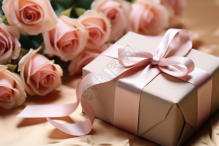 粉红礼盒上的丝带和玫瑰背景图片