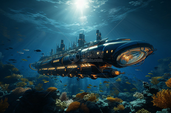 浩瀚海洋中漂浮的潜艇图片