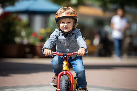 开心的小男孩骑红色自行车图片