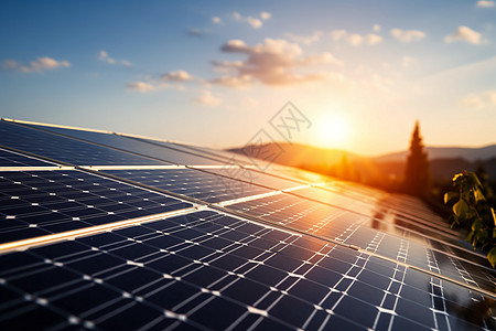 太阳能新能源夕阳下的太阳能面板背景