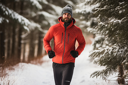 冬日山林中独自奔跑的男子高清图片