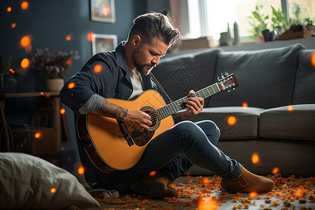 家中弹奏吉他的男人图片