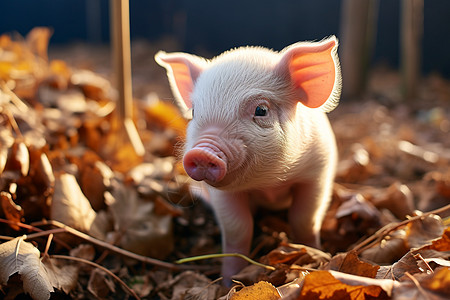 落叶堆里的小猪图片