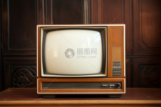 木桌上的复古电视图片