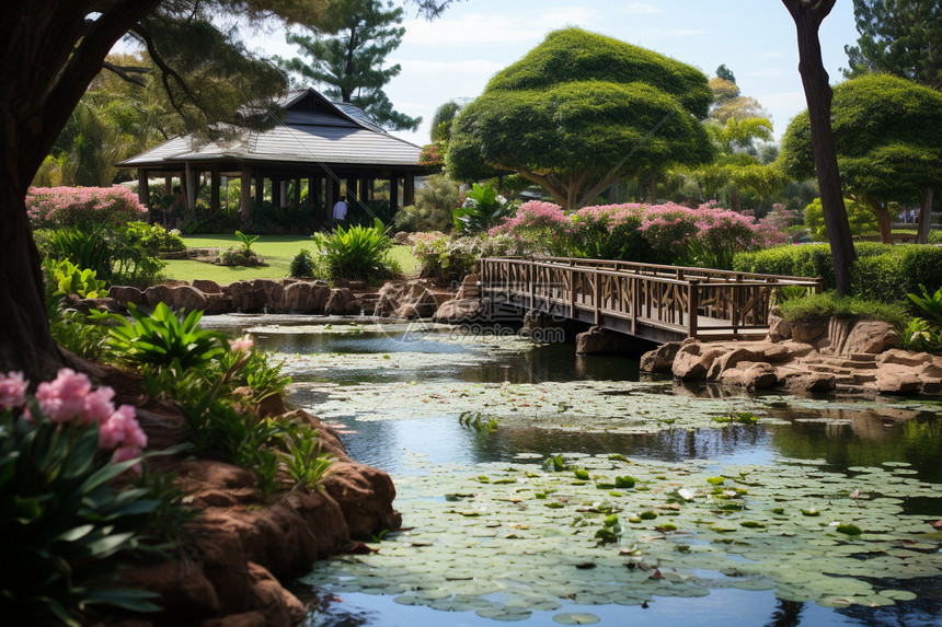 花草如茵天空湛蓝的公园景观图片