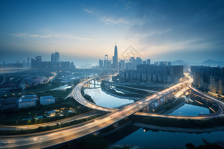 夜幕下的城市天际线和河流图片