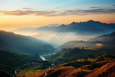 迷雾笼罩的山间景观图片