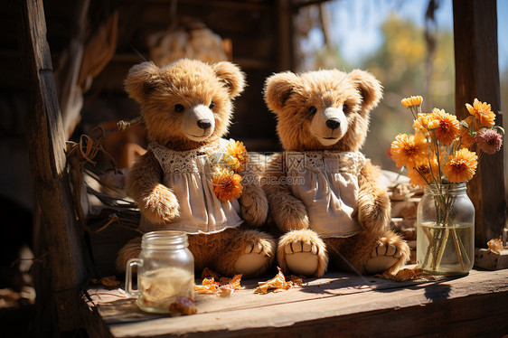 婚礼木桌上的两只泰迪熊图片