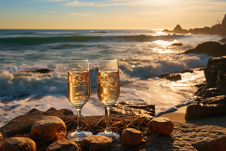 海边酒杯浪漫的海边高脚杯鸡尾酒背景