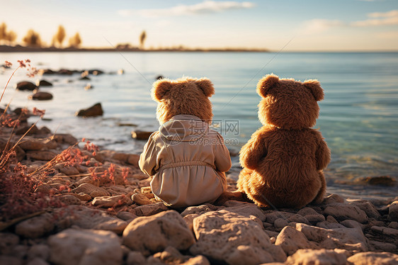 两只泰迪熊在沙滩上图片
