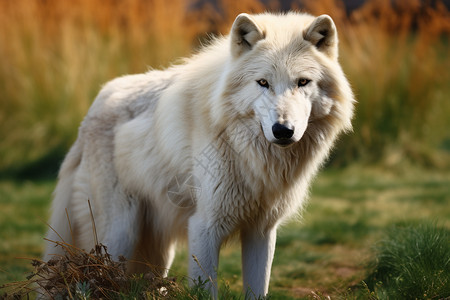 动物狼白狼站在草原上背景