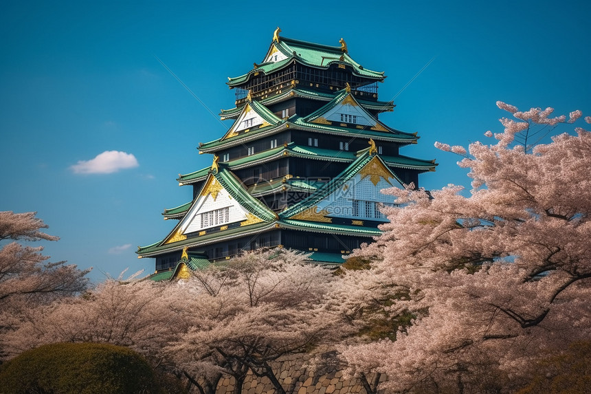 樱花下的日本古城图片