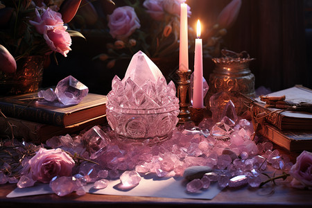粉红色水晶和蜡烛图片