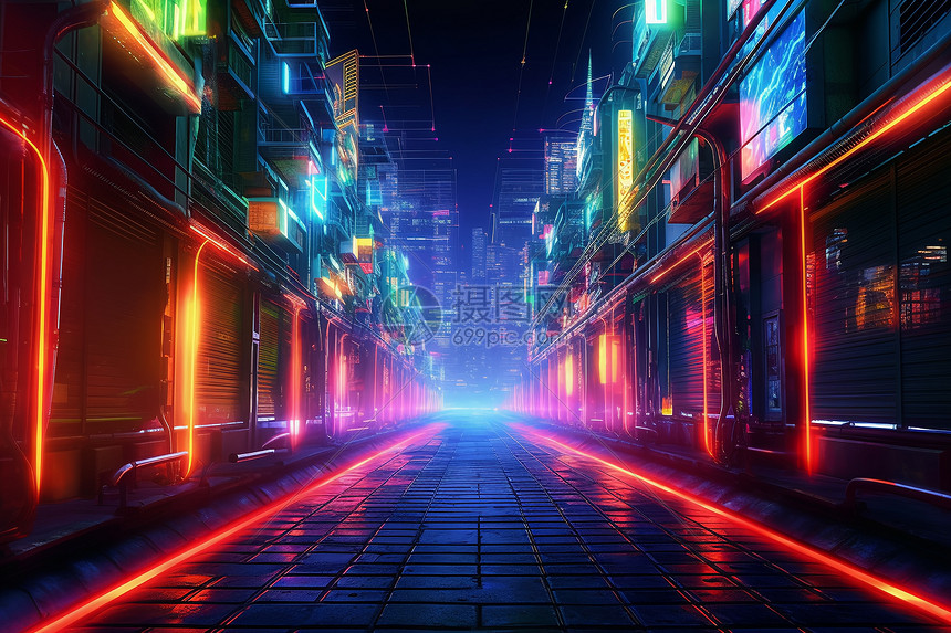 霓虹灯闪烁的街头图片