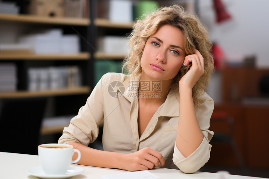 女人面前的咖啡图片