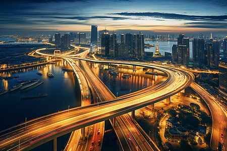 夜晚桥梁夜晚城市的高速口背景