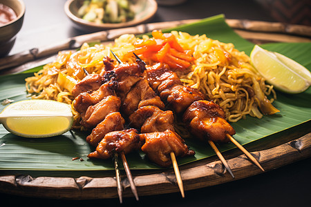 沙爹肉串炒面上的肉串背景