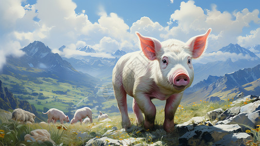 跑山猪草原牧场里的小猪插画