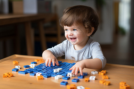 小男孩在桌子上玩蓝白拼图图片