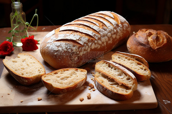 美味的全麦面包在切菜板上图片
