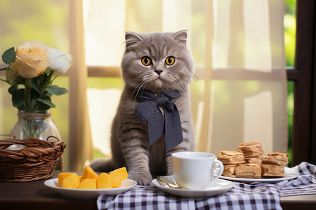 可爱的蓝猫享用早餐图片