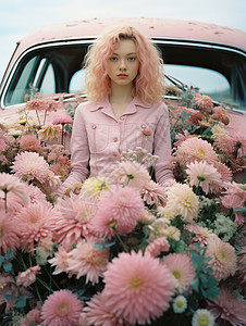 少女坐在粉色的花朵中间图片