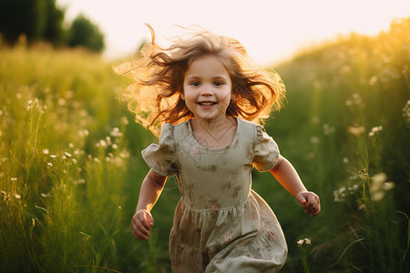 女孩在草丛中奔跑图片