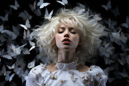 白蝴蝶簇拥的白发少女图片