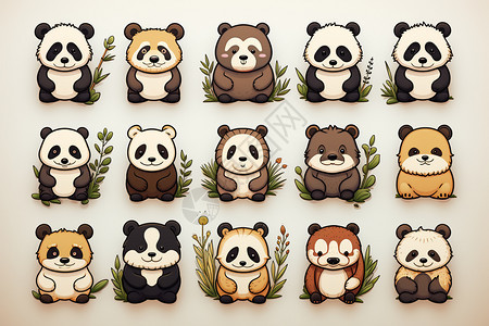 熊猫团坐在草地上图片