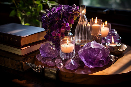餐桌阳光晨光中的紫水晶背景