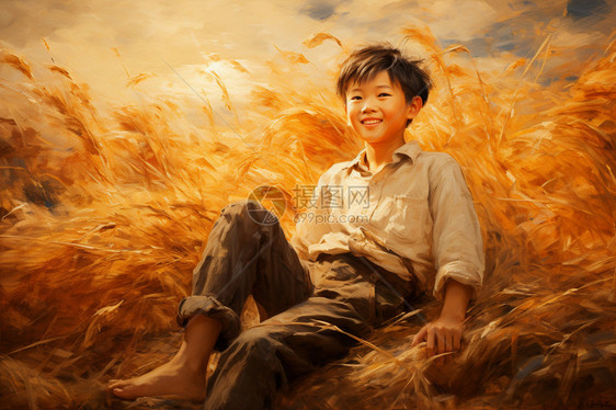 稻田中的小男孩。图片