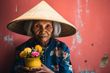 老妇人手捧鲜花背景图片