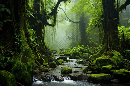 翠绿森林中的小溪图片