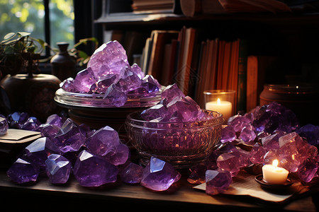 桌子上紫色的水晶图片