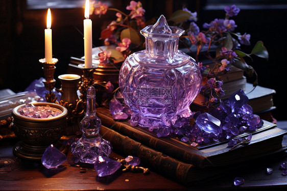 餐桌上的紫水晶与艺术品图片