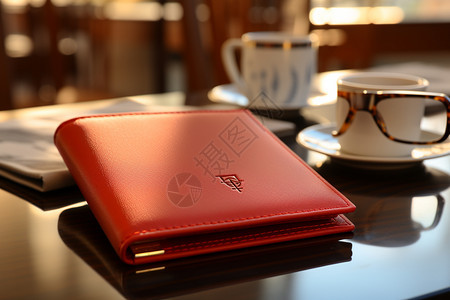 美轮美奂的红色钱包，摆在桌子上，咖啡杯和玻璃杯旁边。图片