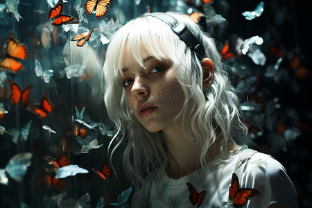 白发女子与蝴蝶的照片背景图片