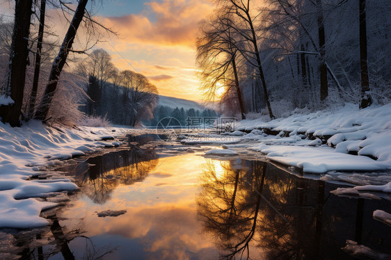 雪景下的森林与夕阳图片