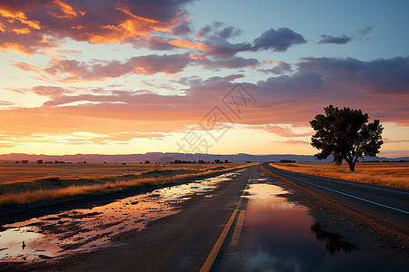 美丽的夕阳荒野公路图片