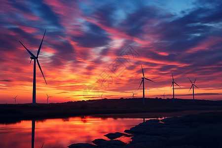 美丽夕阳下的风力发电机图片