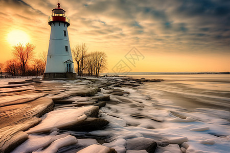 雪后海岸上的灯塔图片