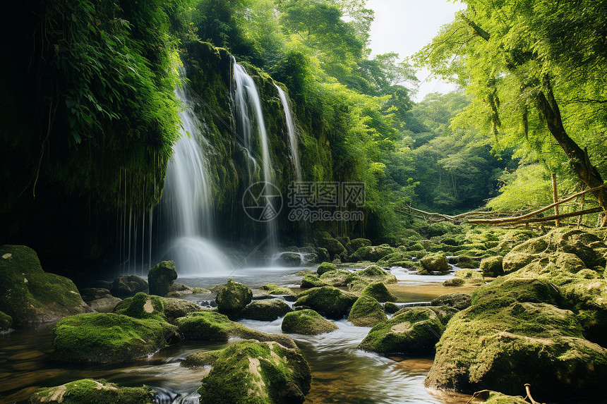 森林瀑布山水风光图片