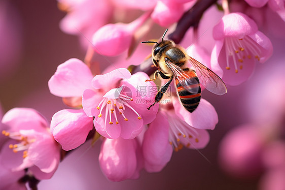蜜蜂采蜜于粉色花朵间图片