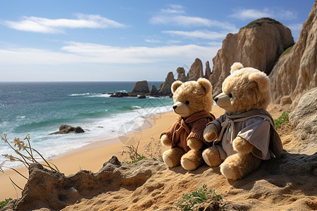 两个玩具熊在海滩上图片