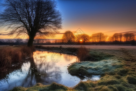 冬日晨光下的乡村风景图片