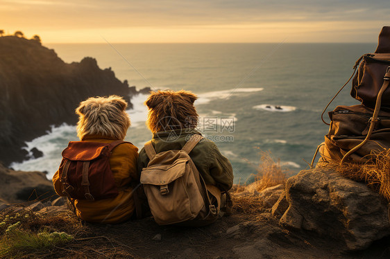 两只背包的熊坐在悬崖上图片