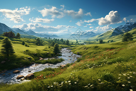 草原中的小溪景色图片